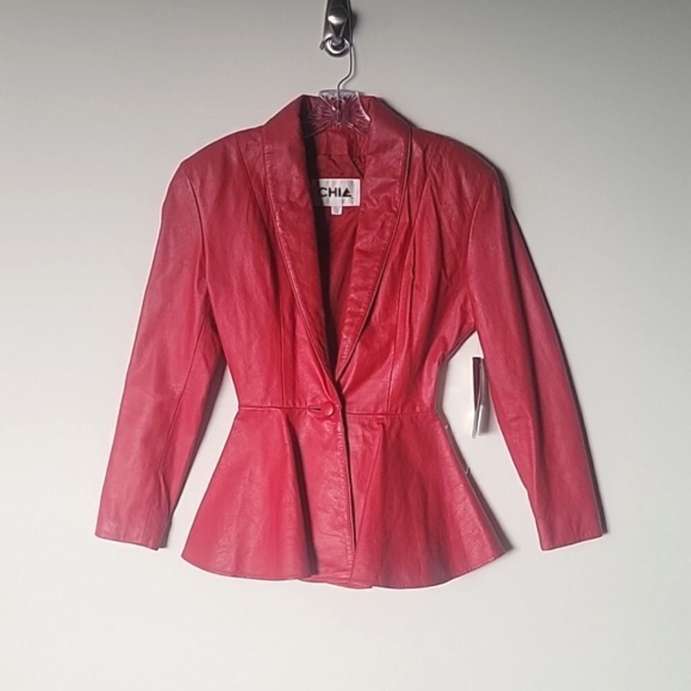 NWT Vintage Womens 80s Red Leather Peplum CHIA Fitted Sexy Cinch Jacket Coat XS